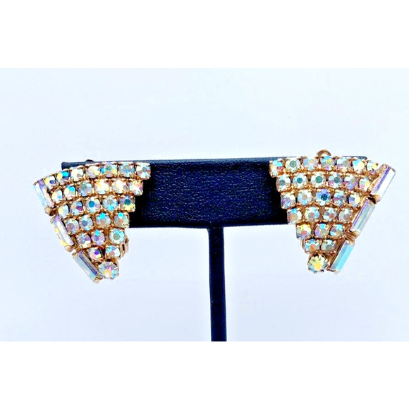 Vintage AB Rhinestone Clip On Earrings Round Baguette Gold Tone 50s 60s Stunning - Picture 2 of 6